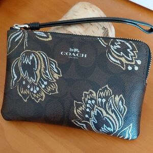 Coach Black and Metallic Gold Floral Tulip Wristlet
